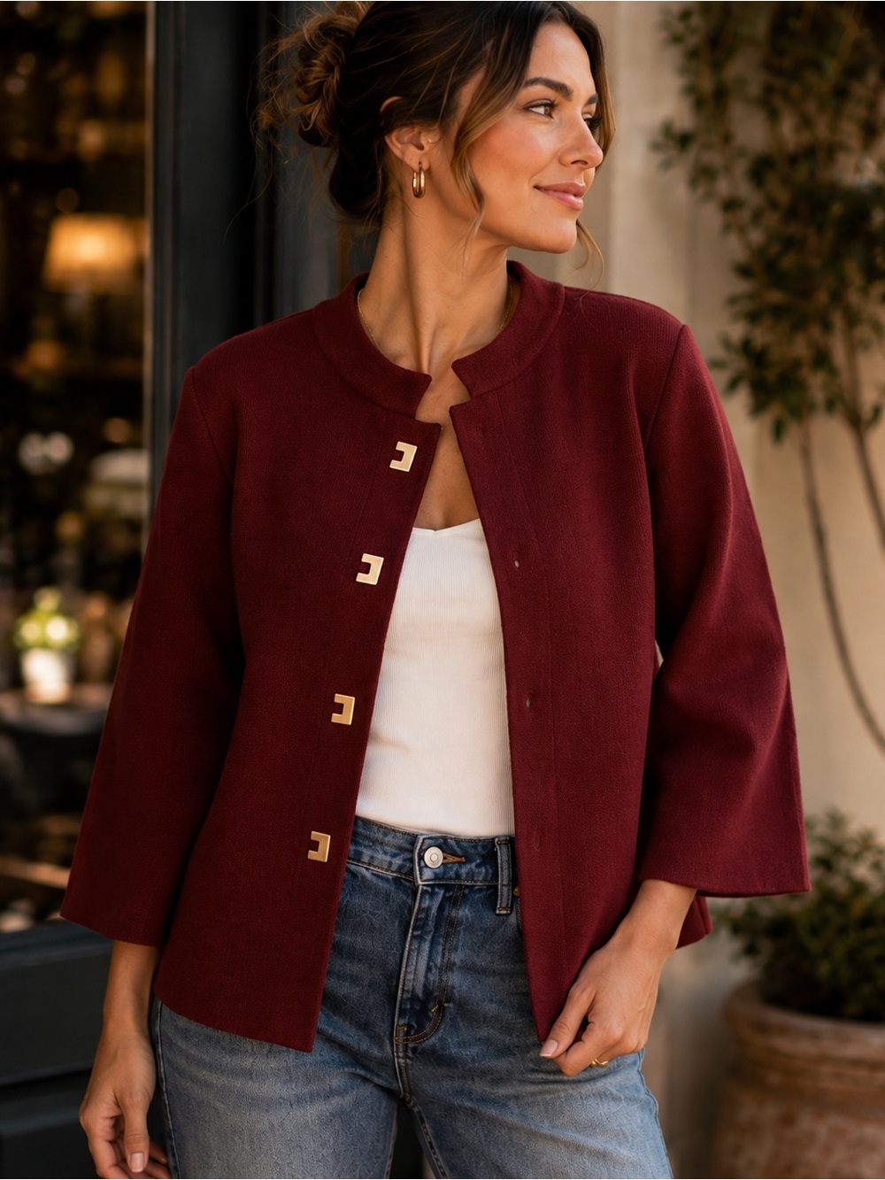 Carolyn Taylor Burgundy Knit Swing Jacket Gold Geometric Buttons Medium